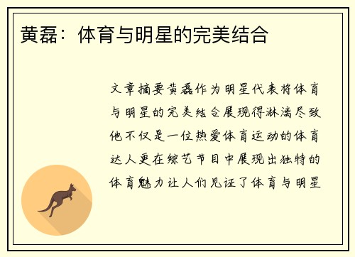 黄磊：体育与明星的完美结合