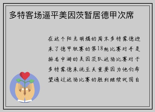 多特客场逼平美因茨暂居德甲次席